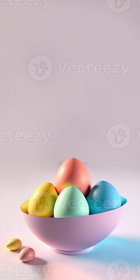 3D Render of Colorful Egg Bowl And Copy Space. Happy Easter Day Concept. photo