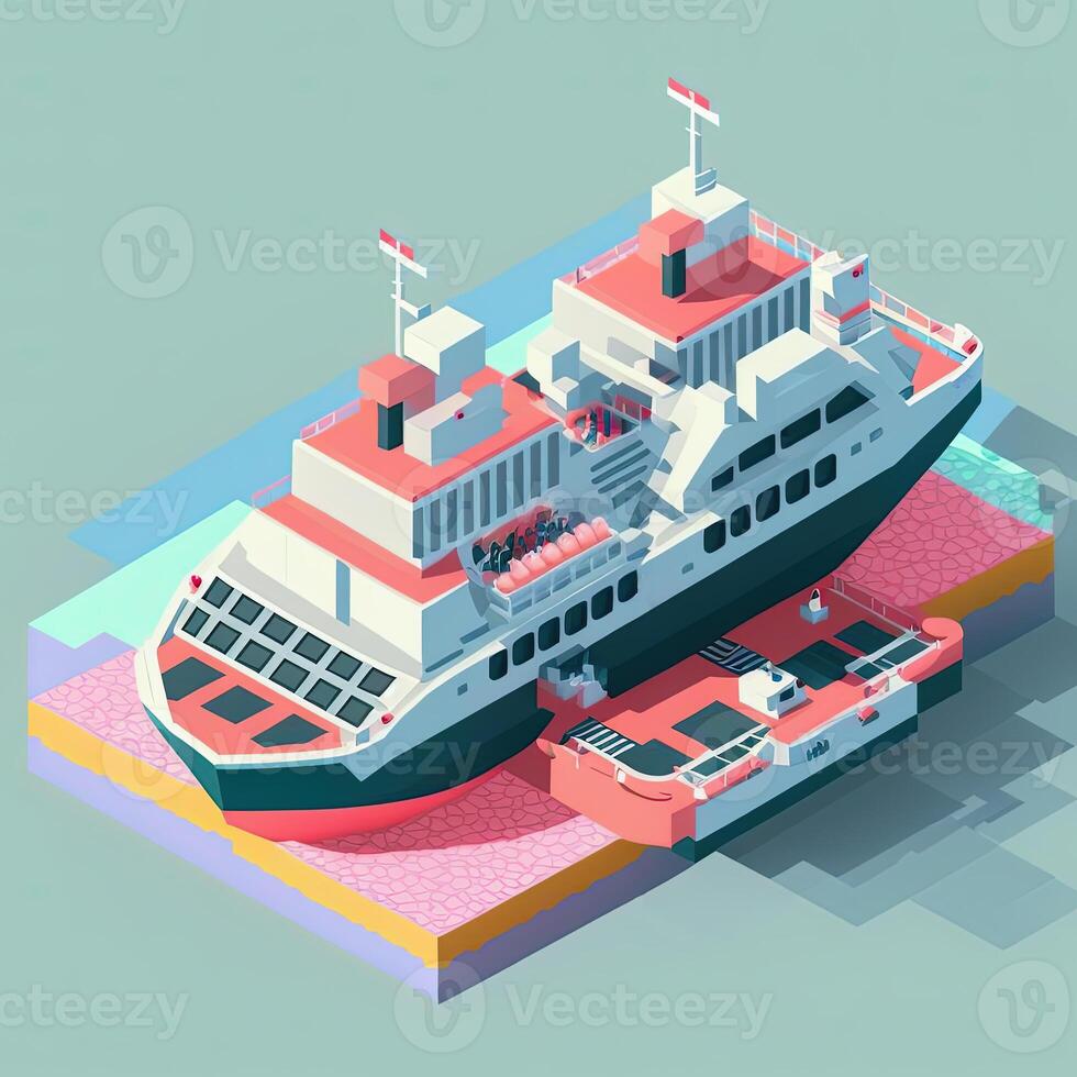 Cartoon isometric cruise ship in water, photo