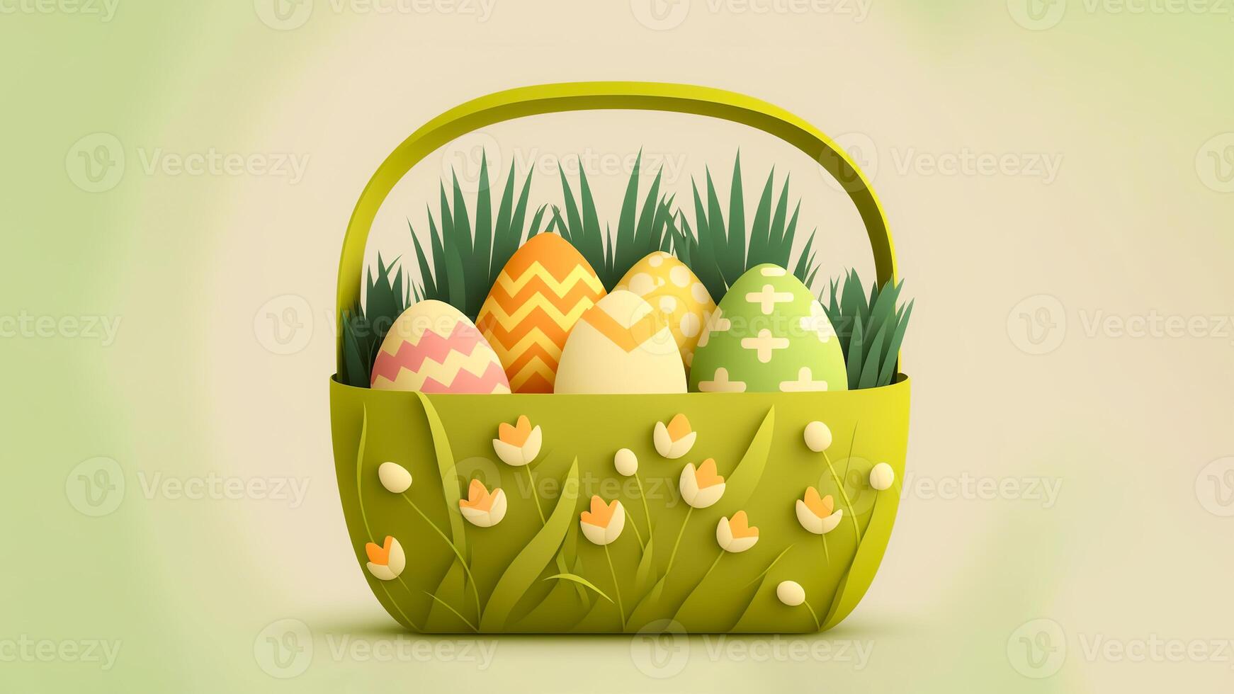 3D Render of Paper Floral Egg Basket Against Yellow And Green Background And Copy Space. Happy Easter Concept. photo