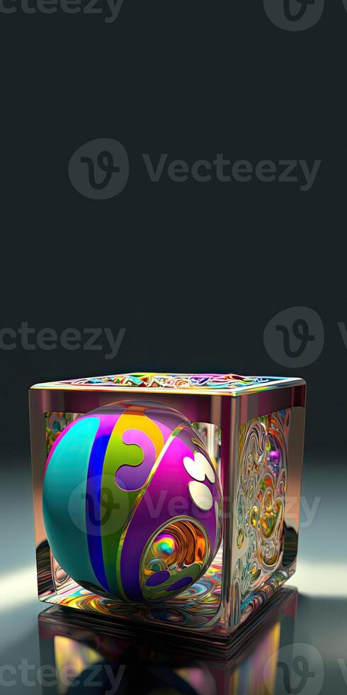 3D Render of Colorful Floral Printed Easter Egg In Glassware Box on Shiny Grey Background And Copy Space. Happy Easter Day Concept. photo