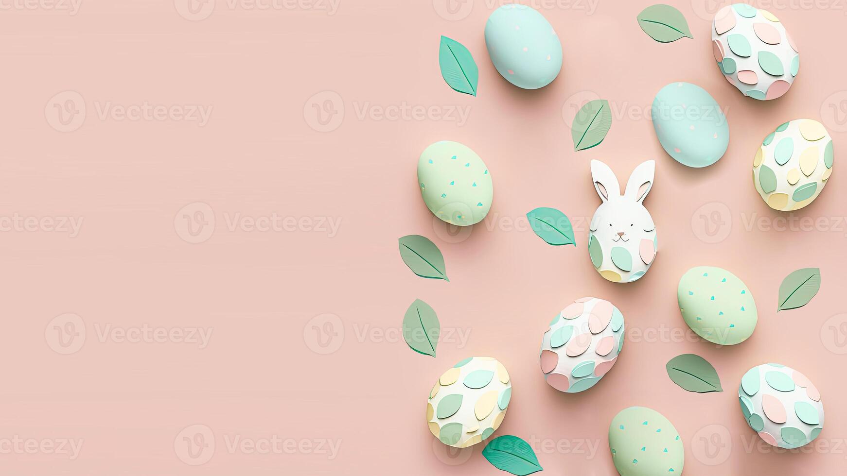 3D Render of Pastel Color Printed Eggs, Leaves, Bunny Cartoon On Pink Background And Copy Space. photo