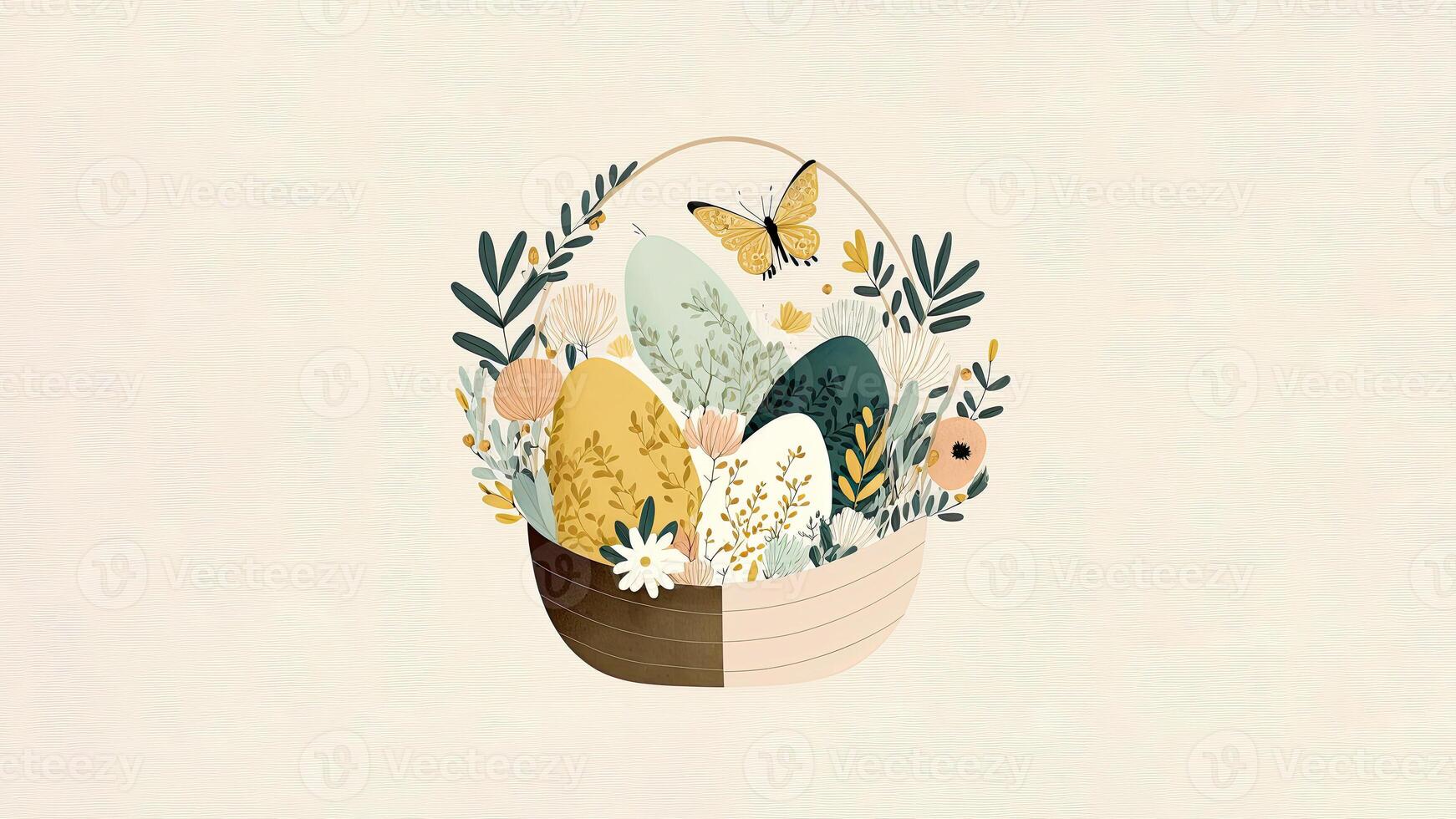 Flat Style Floral Easter Egg Basket With Butterfly Character Against Wooden Texture Background And Copy Space. Happy Easter Concept. photo