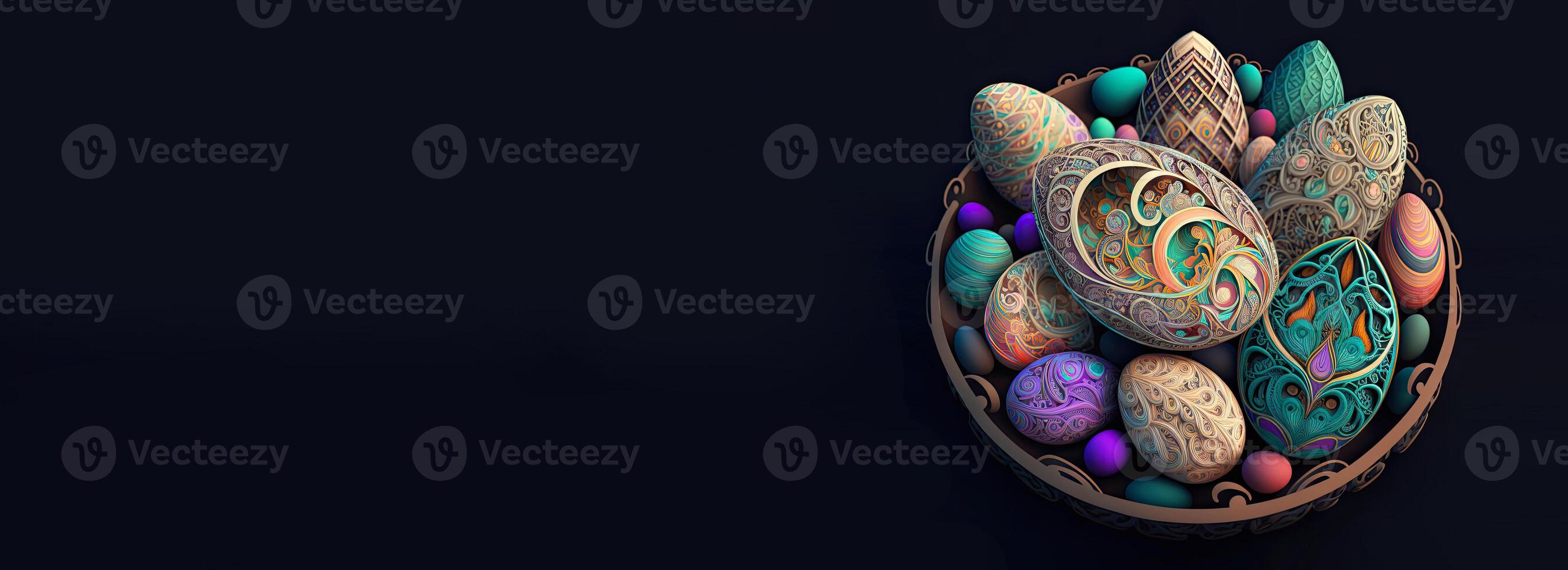 3D Render of Colorful Cloisonne Easter Eggs Bowl On Black Background And Copy Space. Happy Easter Day Concept. photo