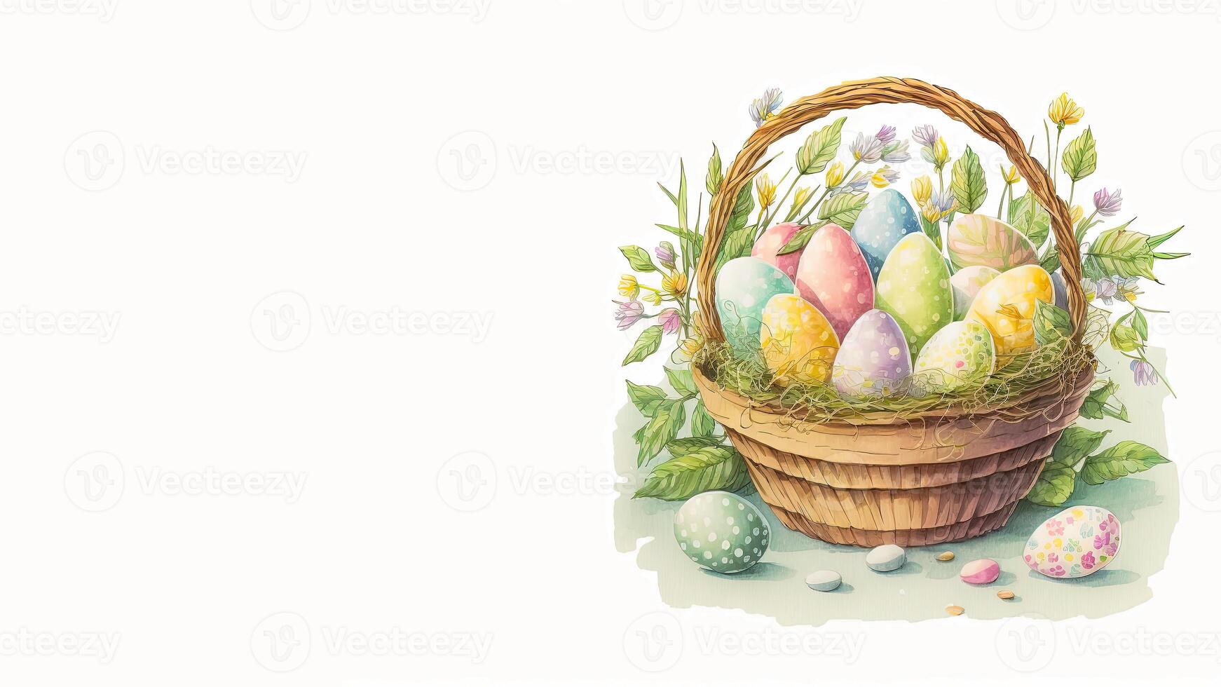 Flat Style Colorful Printed Eggs Inside Floral Basket And Copy Space. Easter Concept. photo