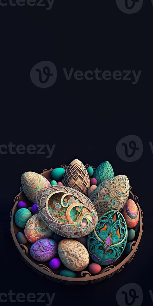 3D Render of Colorful Cloisonne Easter Eggs Bowl On Black Background And Copy Space. Happy Easter Day Concept. photo