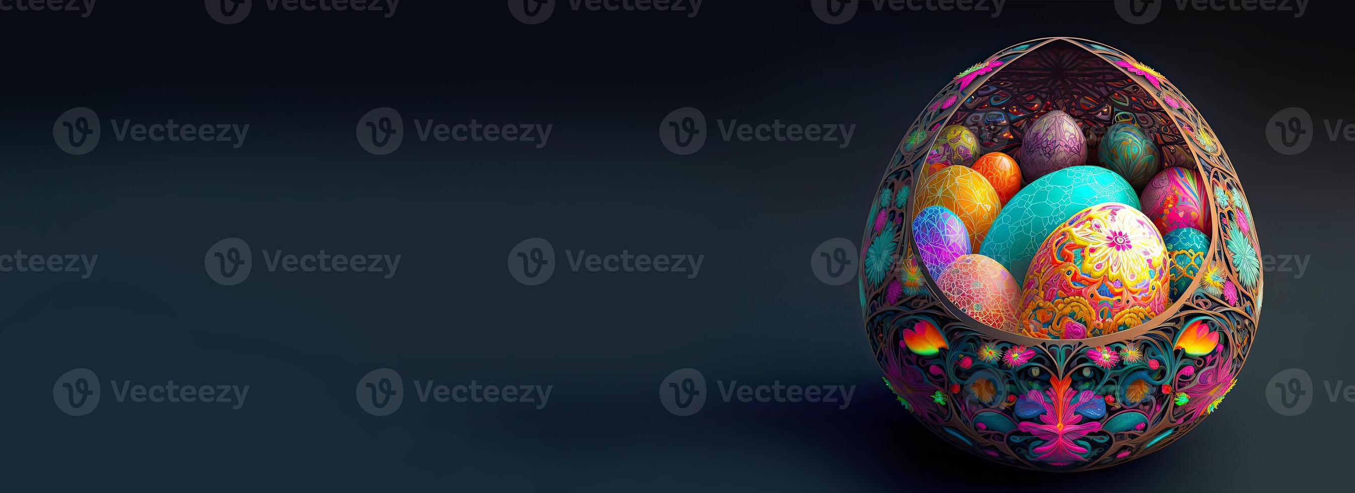3D Render of Colorful Cloisonne Easter Eggs Basket Or Nest On Black Background And Copy Space. Happy Easter Day Concept. photo