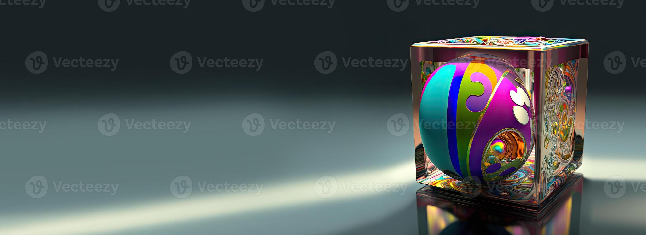 3D Render of Colorful Floral Printed Easter Egg In Glassware Box on Shiny Grey Background And Copy Space. Happy Easter Day Concept. photo