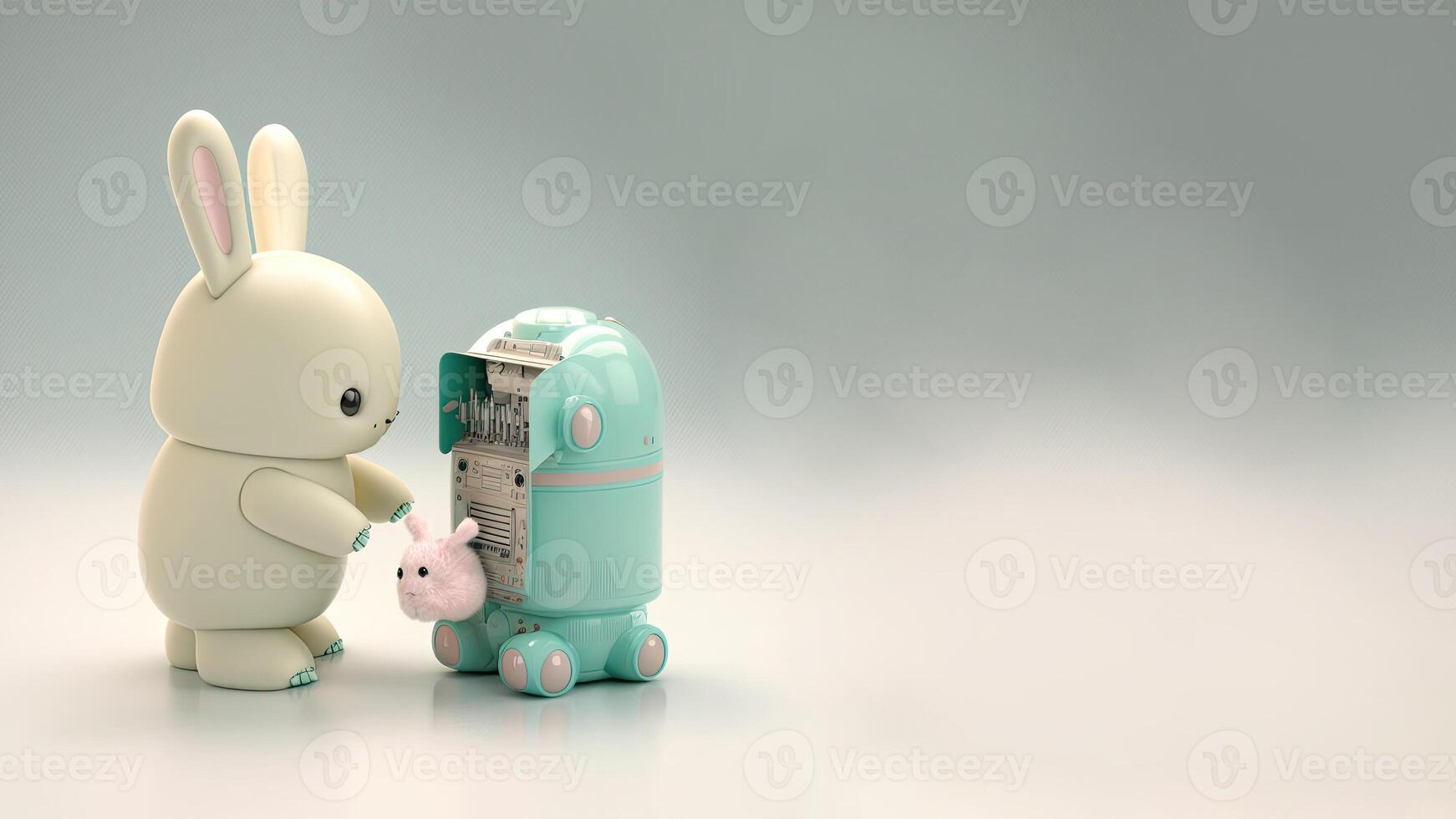 3D Render of Robotic Rabbits Against Pastel Green And White Background With Copy Space. photo