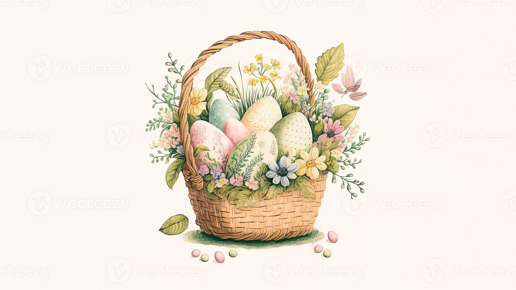 Vintage Style Colorful Printed Eggs Inside Floral Basket And Copy Space. Easter Concept. photo