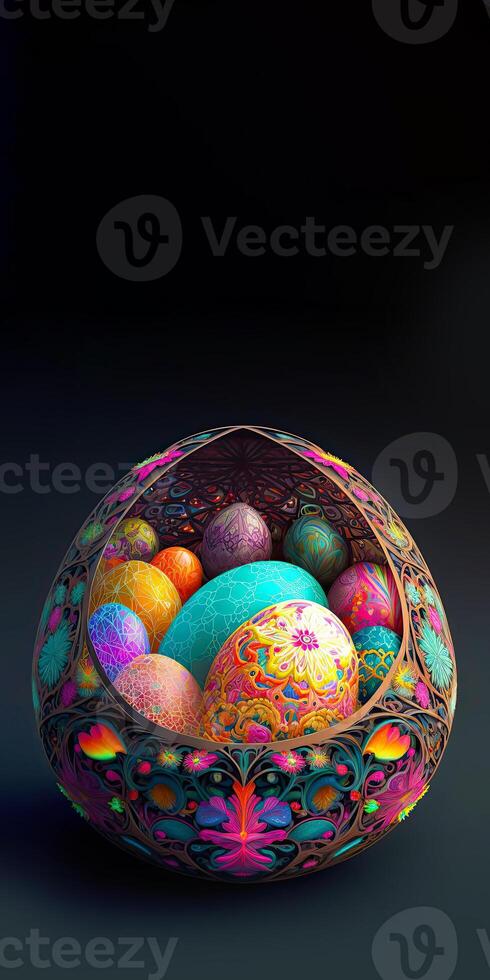3D Render of Colorful Cloisonne Easter Eggs Basket Or Nest On Black Background And Copy Space. Happy Easter Day Concept. photo