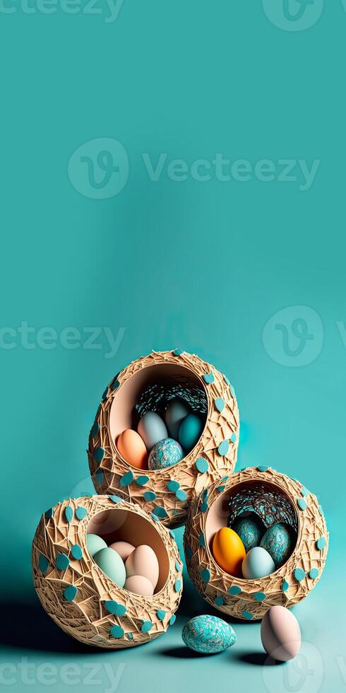 Paper Mache Three Easter Egg Straw Nest on Turquoise Background And Copy Space For Easter Day Concept. 3D Render. photo