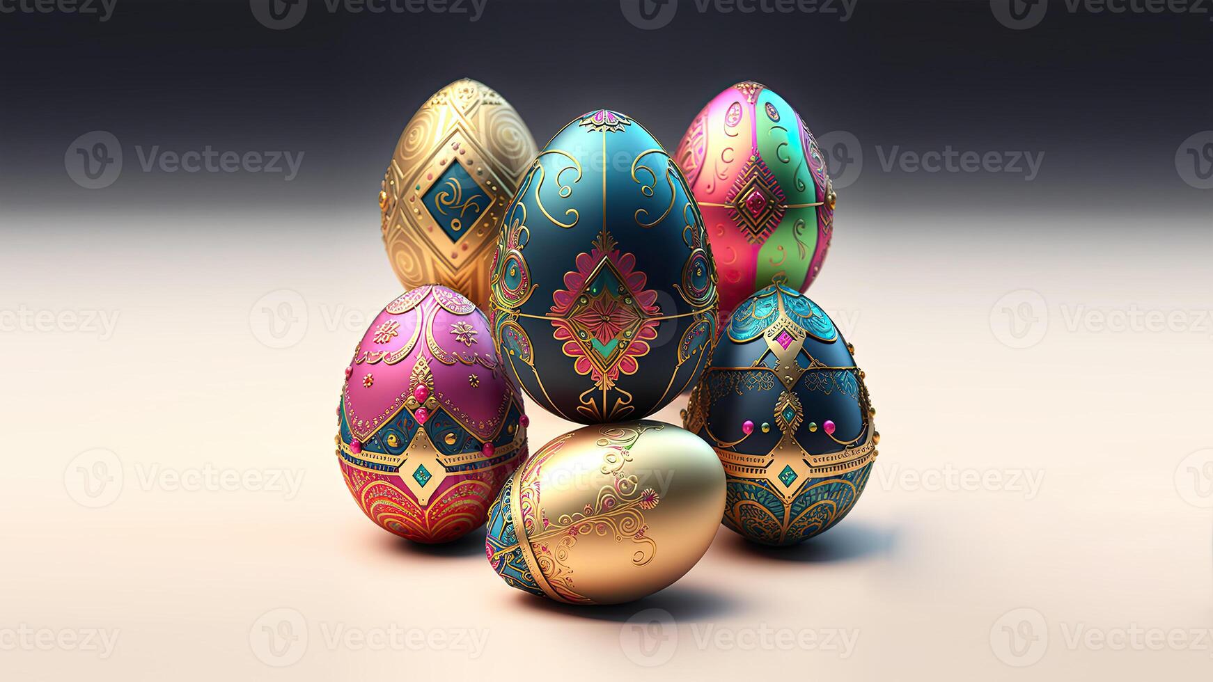 3D Render of Shiny Multicolor Floral Eggs On Grey Background And Copy Space. Easter Concept. photo