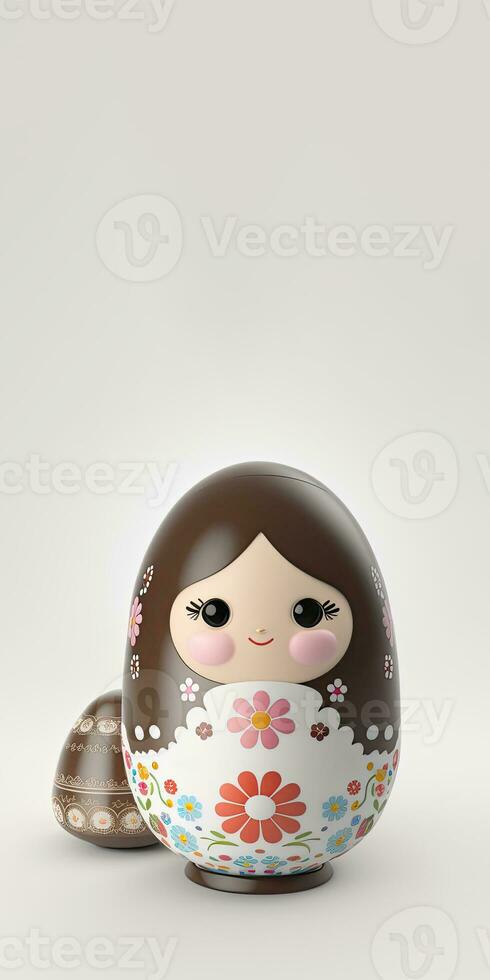 3D Render of Cute Matryoshka Doll And Easter Egg Against Grey Background And Copy Space. photo