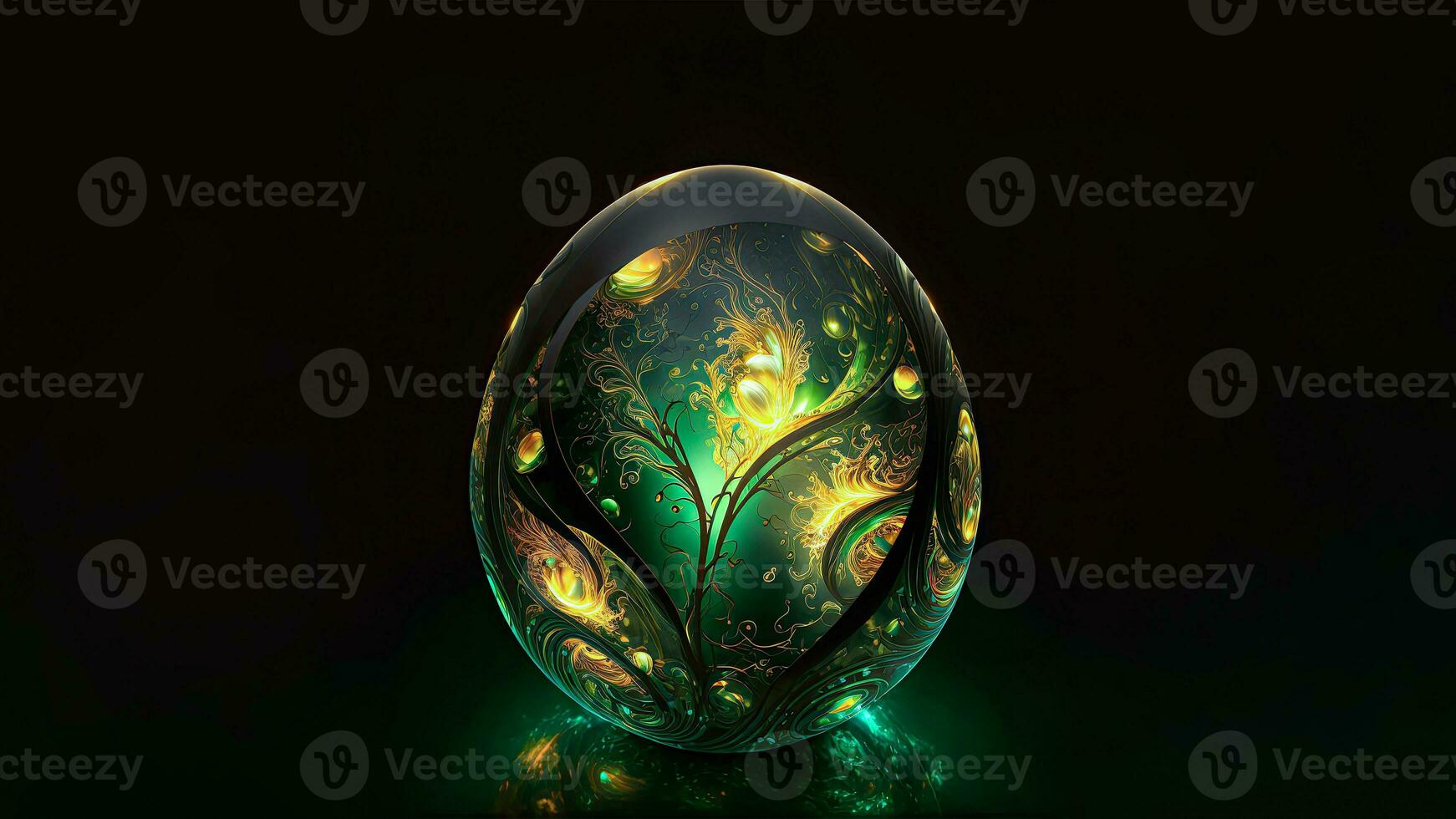 3D Render Of Green And Golden Fantasy Floral Or Forest Inside Crystal Egg Against Dark Background And Copy Space. Easter Concept. photo