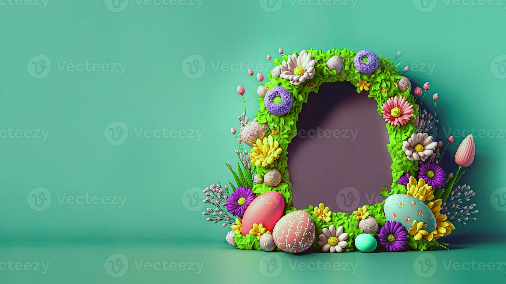 3D Render of Colorful Flowers And Eggs Decorated Oval Arch Against Green Background And Copy Space. photo