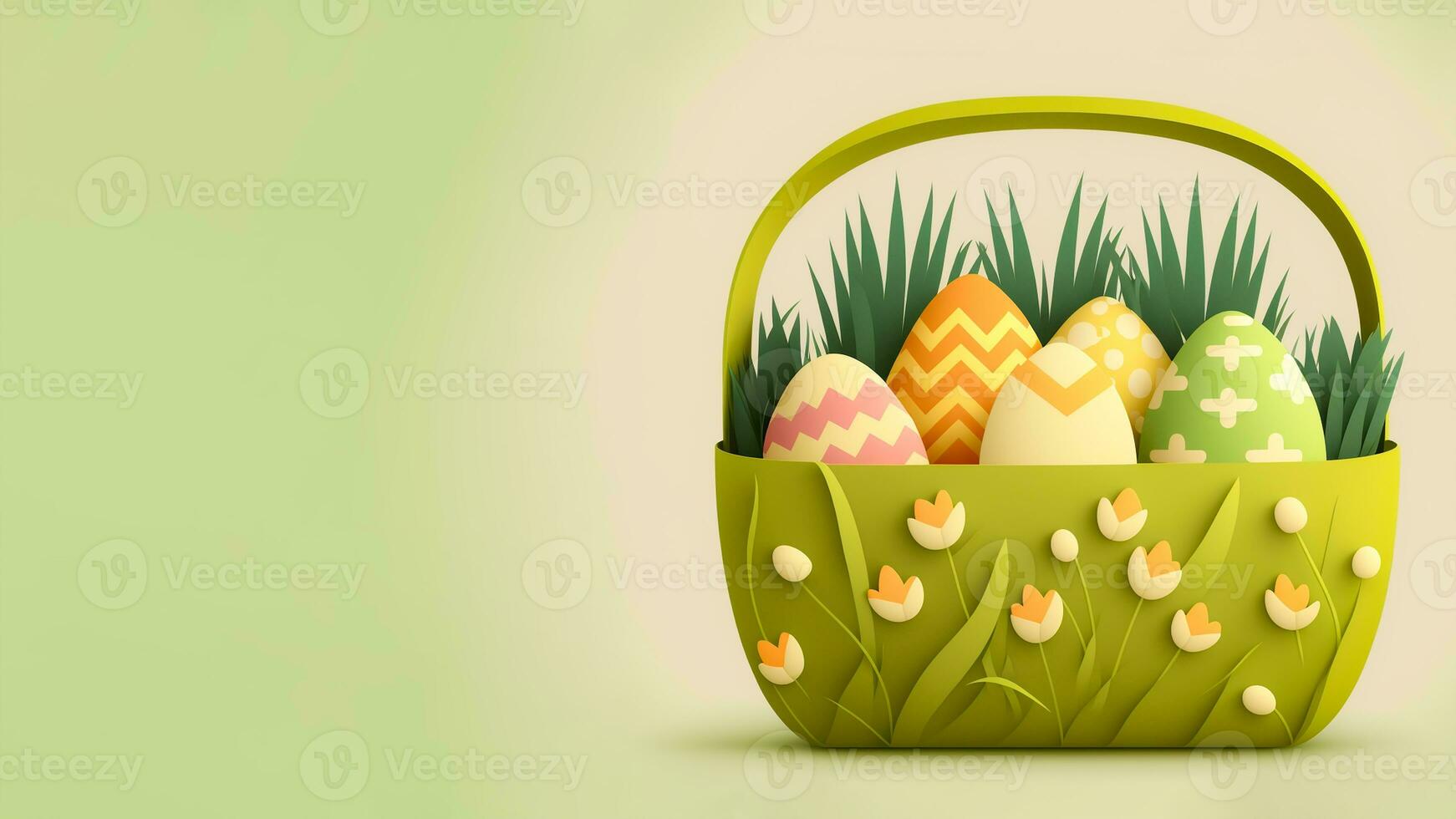 3D Render of Paper Floral Egg Basket Against Yellow And Green Background And Copy Space. Happy Easter Concept. photo