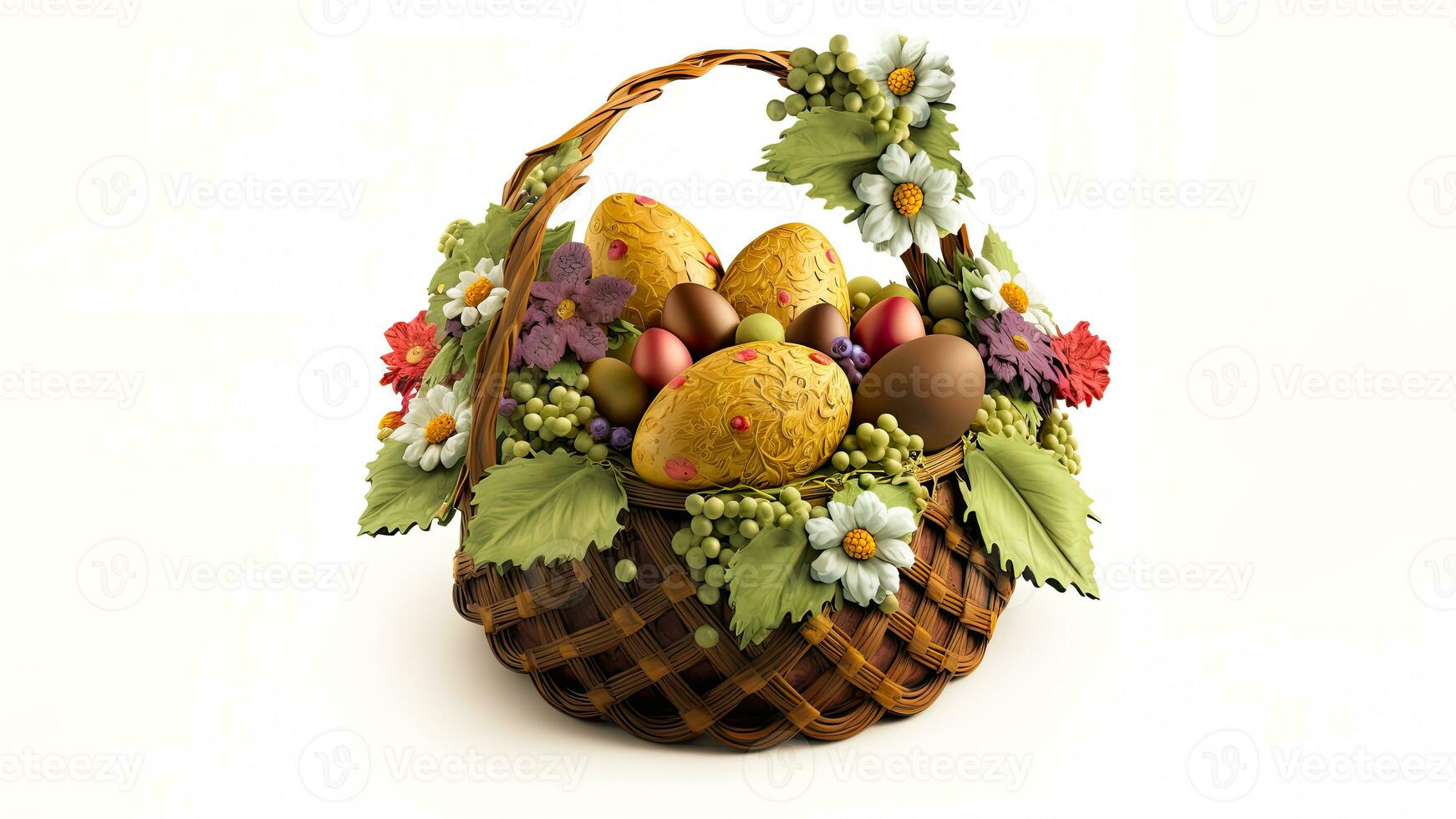 3D Render of Colorful Flowers, Berries, Leaves And Egg Decorative Basket And Copy Space. Easter Concept. photo