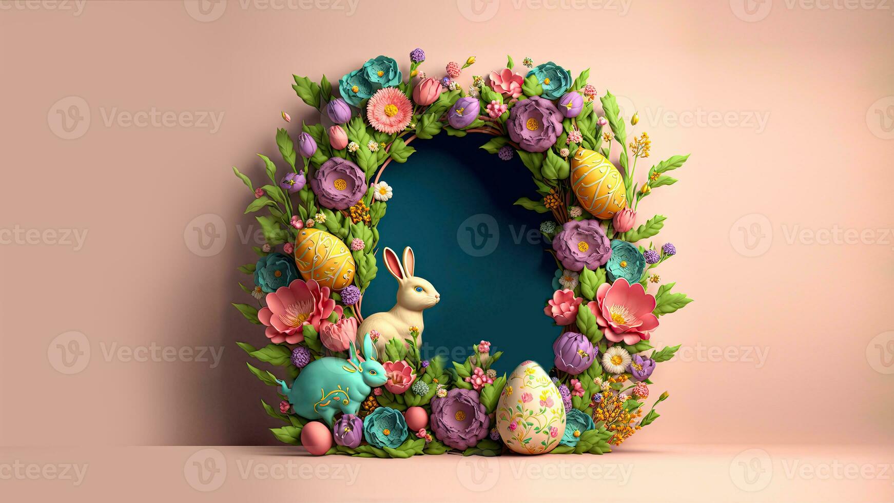 3D Render Of Colorful Flower, Egg Decorative Circular Arch With Bunny Character Against Pastel Pink Background And Copy Space. Easter Concept. photo