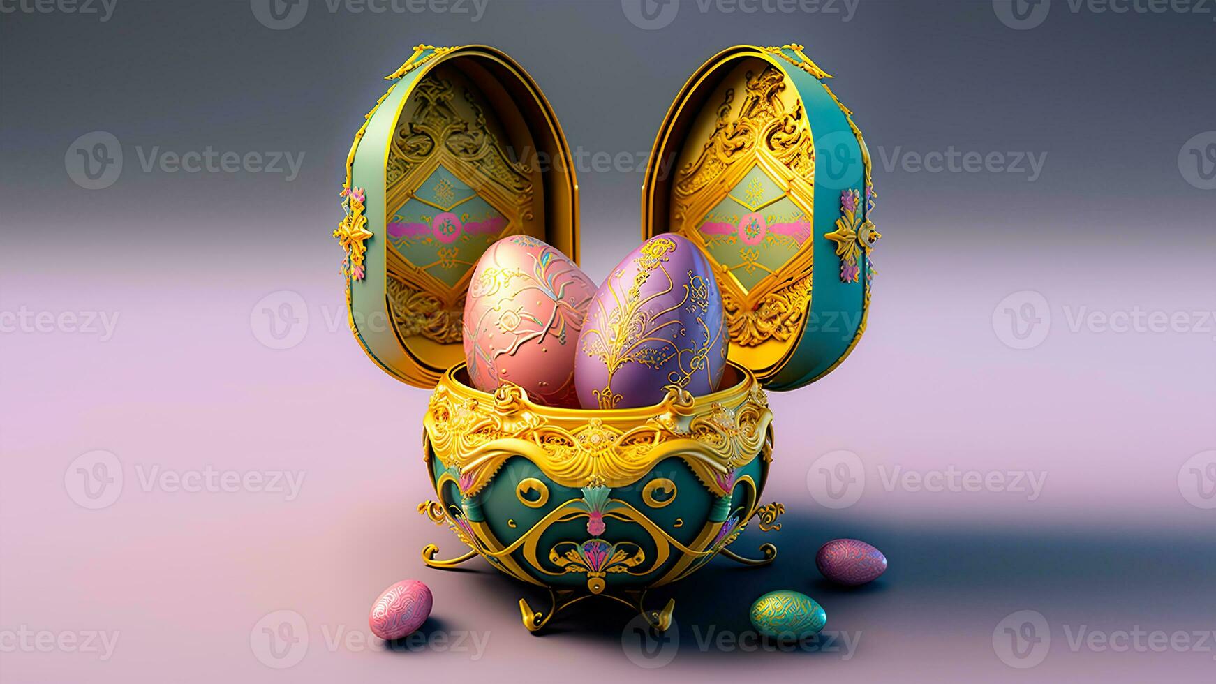 3D Render of Floral Eggs Box On Grey And Pink Background And Copy Space. Happy Easter Concept. photo
