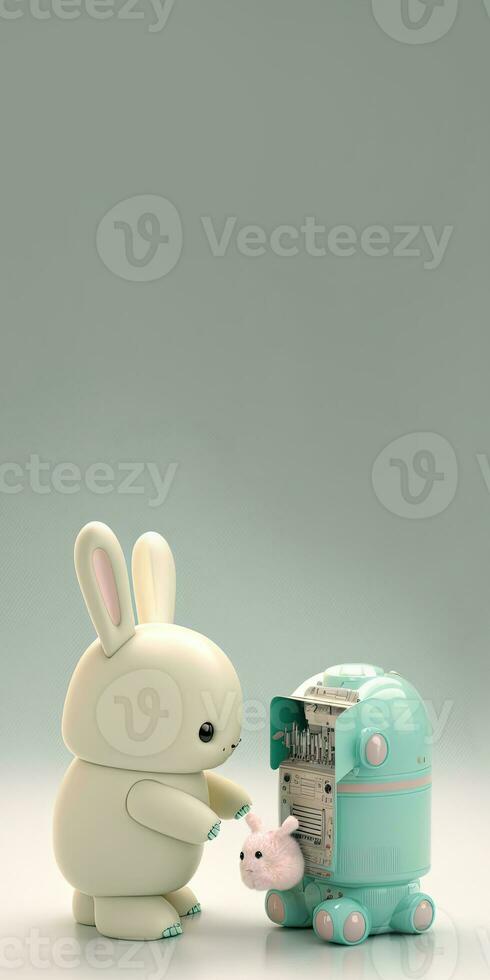 3D Render of Robotic Rabbits Against Pastel Green And White Background With Copy Space. photo