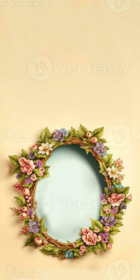 3D Render of Floral Oval Frame Against Pastel Orange Background And Copy Space. photo