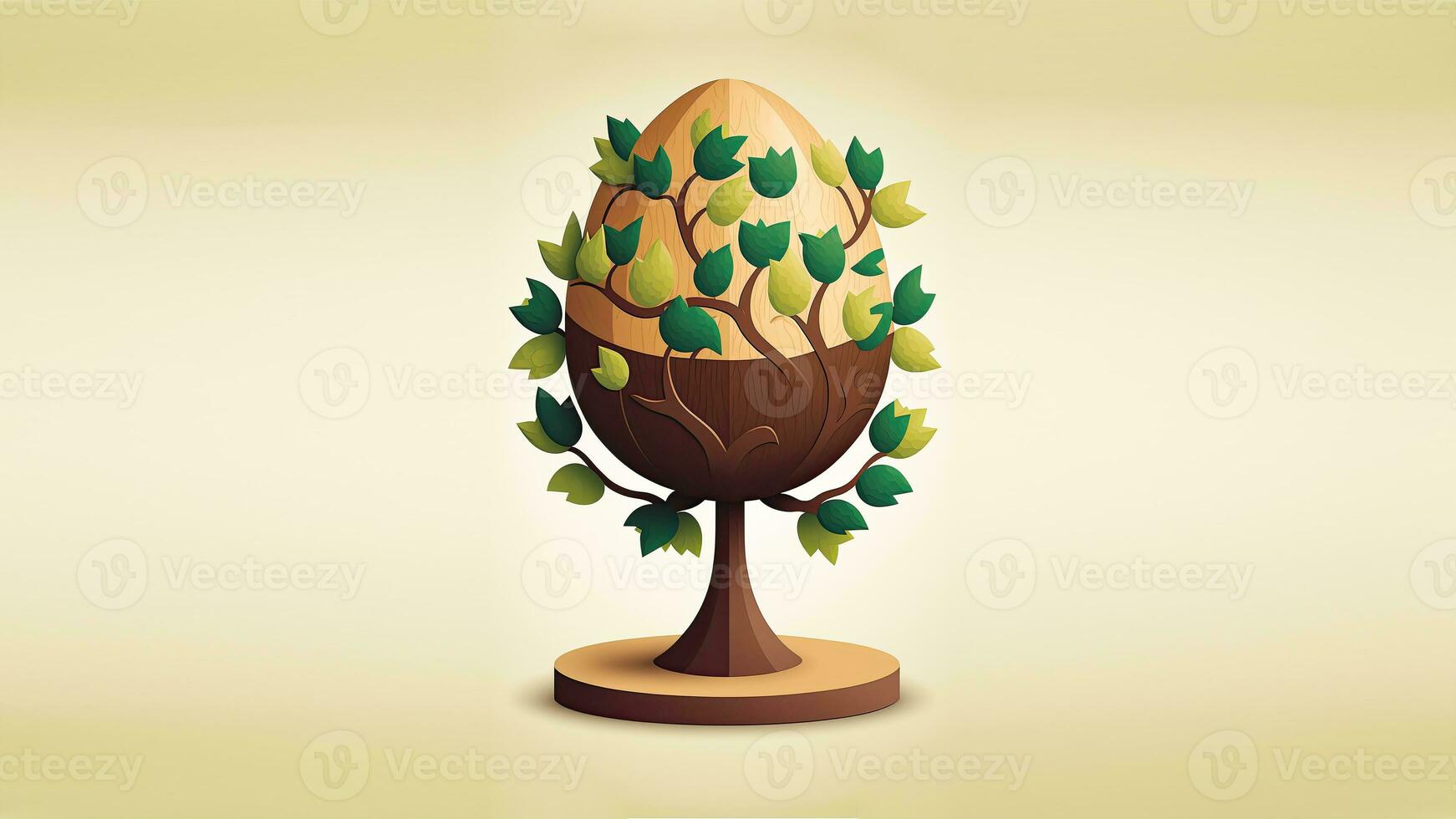 3D Render of Oval Or Egg Shape Tree Against Golden Background And Copy Space. photo