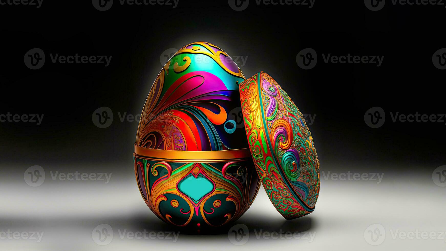 3D Render of Shiny Colorful Floral Egg With Box Against Black And Grey Background And Copy Space. Happy Easter Concept. photo