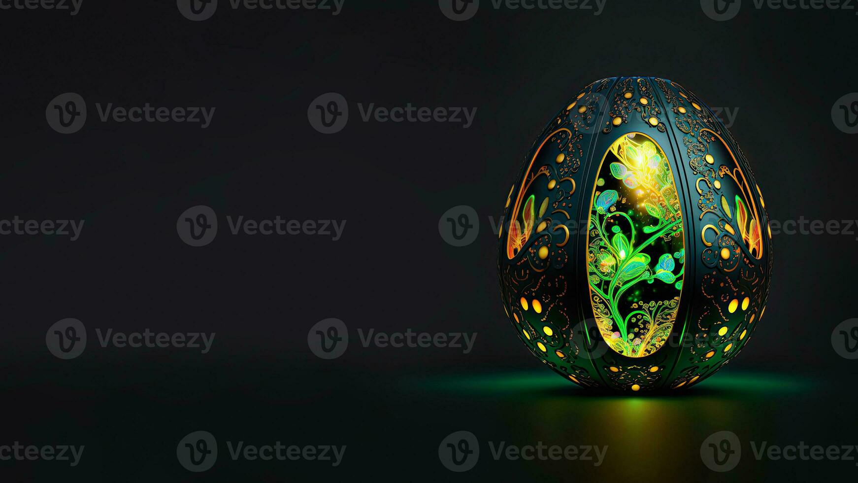 3D Render of Illuminate Floral Egg Against Dark Background And Copy Space. photo