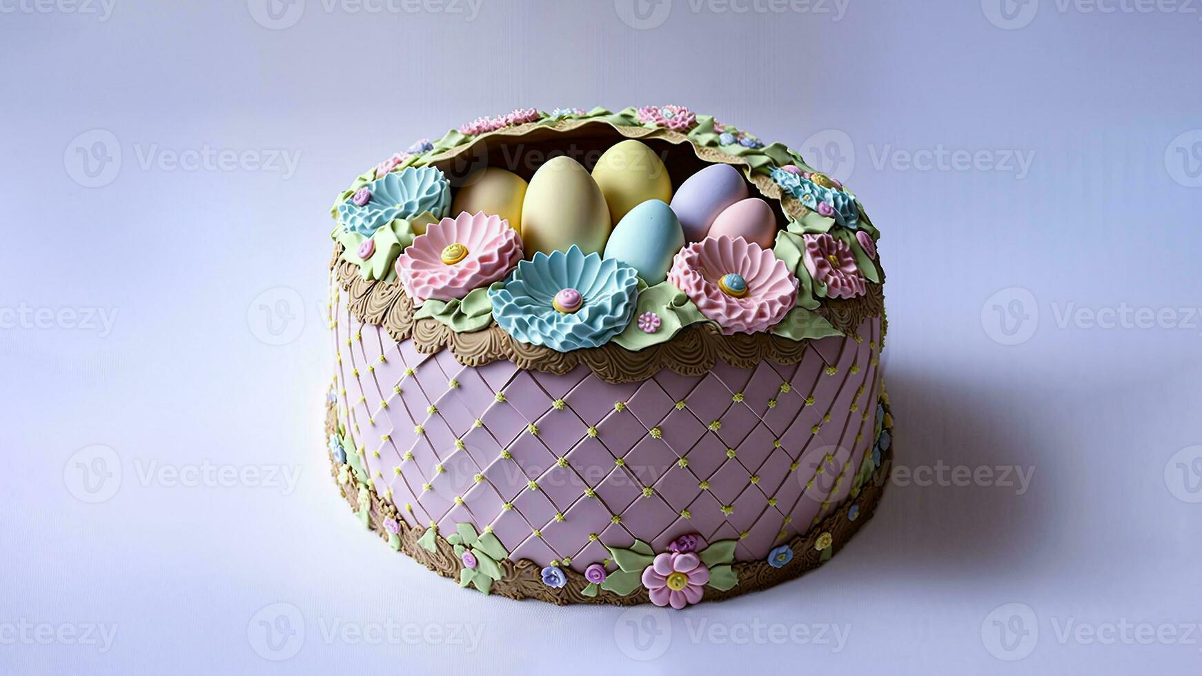 3D Render of Pastel Color Egg And Flowers Decorative Cake Against Purple Background And Copy Space. Happy Easter Concept. photo