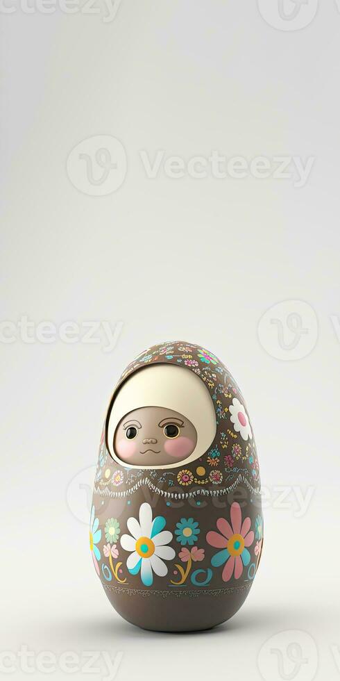 3D Render of Cute Matryoshka Doll And Easter Egg Against Grey Background And Copy Space. photo