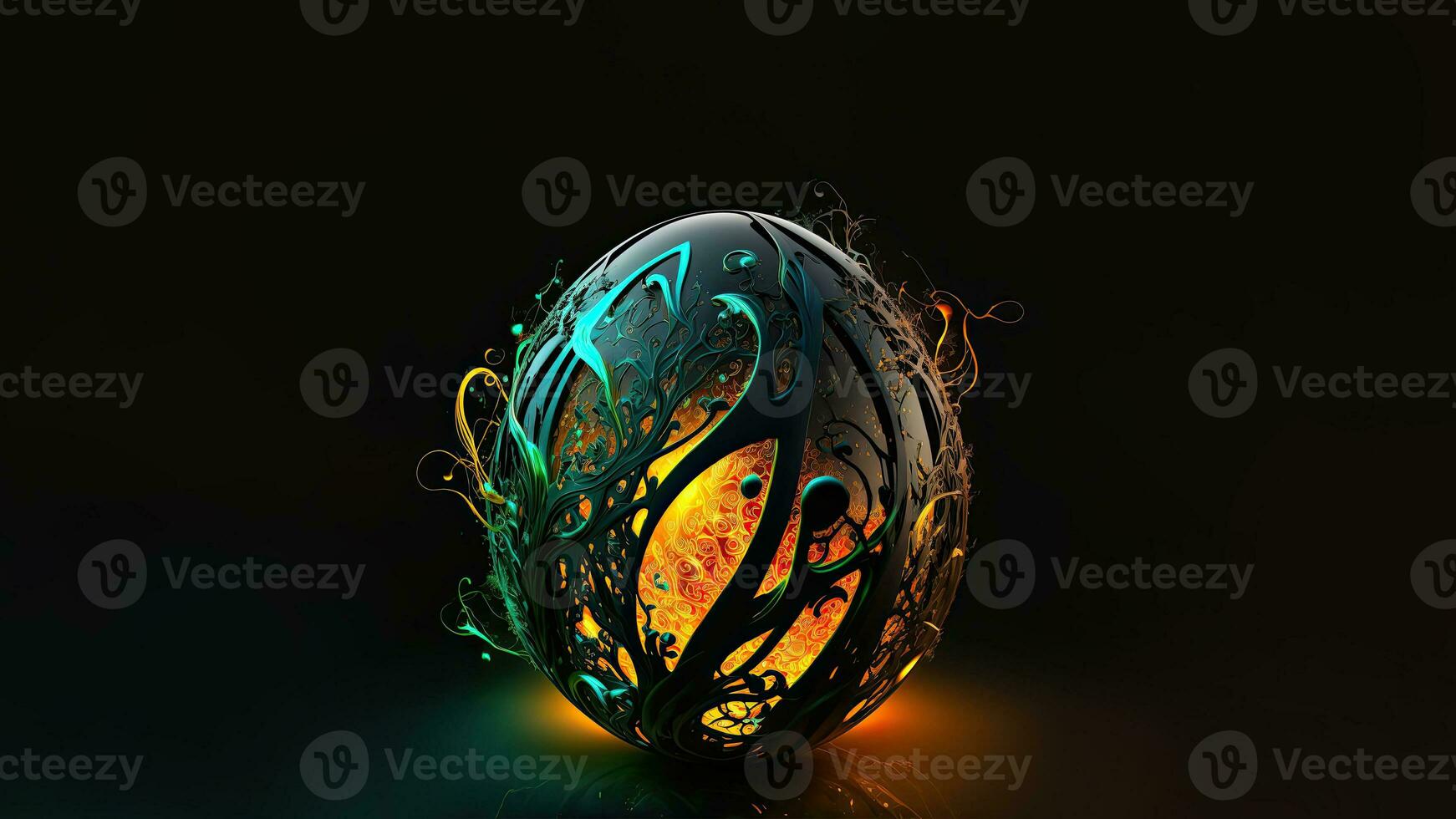 3D Render of Lit Floral Egg Against Dark Background And Copy Space. Easter Concept. photo