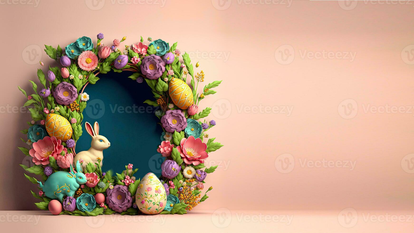 3D Render Of Colorful Flower, Egg Decorative Circular Arch With Bunny Character Against Pastel Pink Background And Copy Space. Easter Concept. photo
