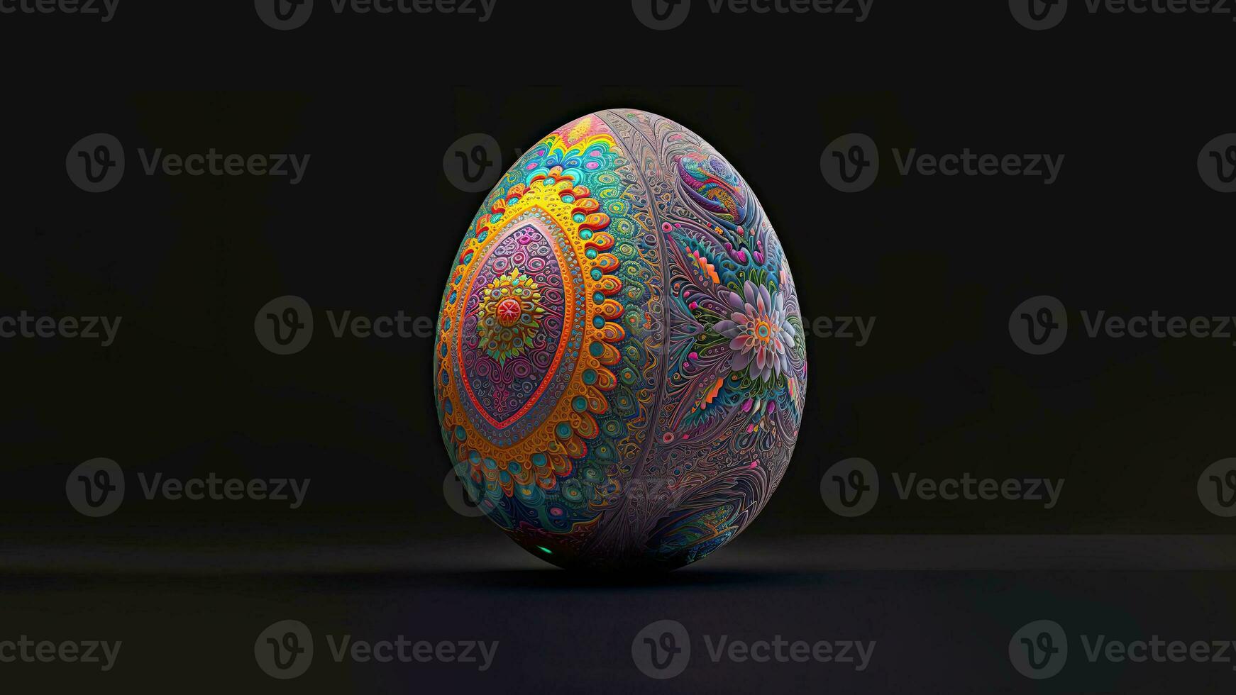 3D Render of Colorful Floral Egg Against Black Background And Copy Space. Happy Easter Concept. photo