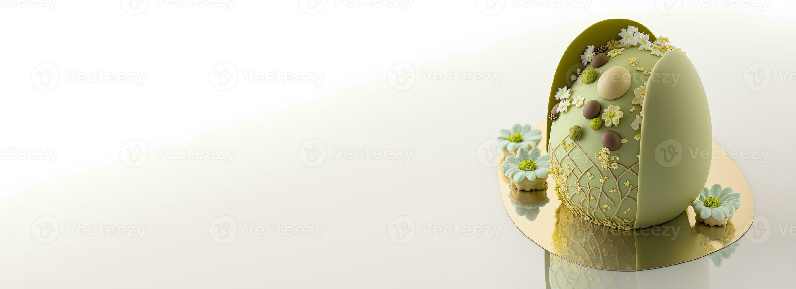 3D Render Of Olive Green Flowers Decoraive Egg And Copy Space. Easter Concept. photo