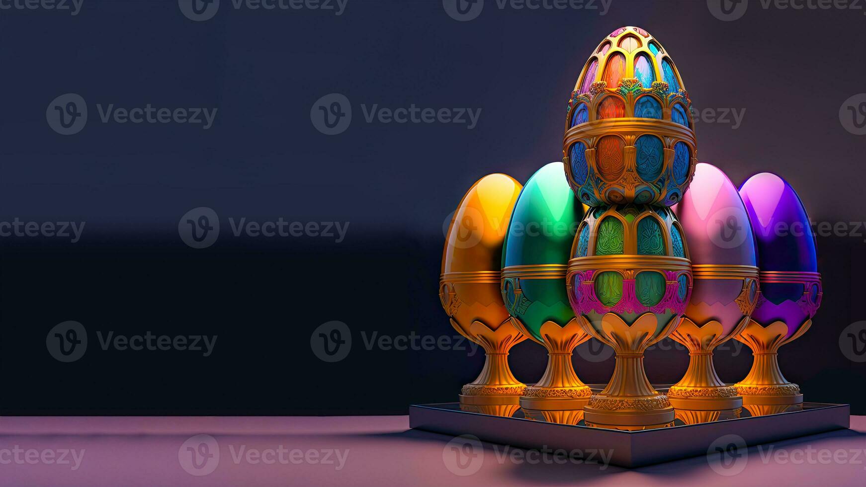 3D Render Of Colorful Floral Egg Stands On Purple Background And Copy Space. Happy Easter Day Concept. photo