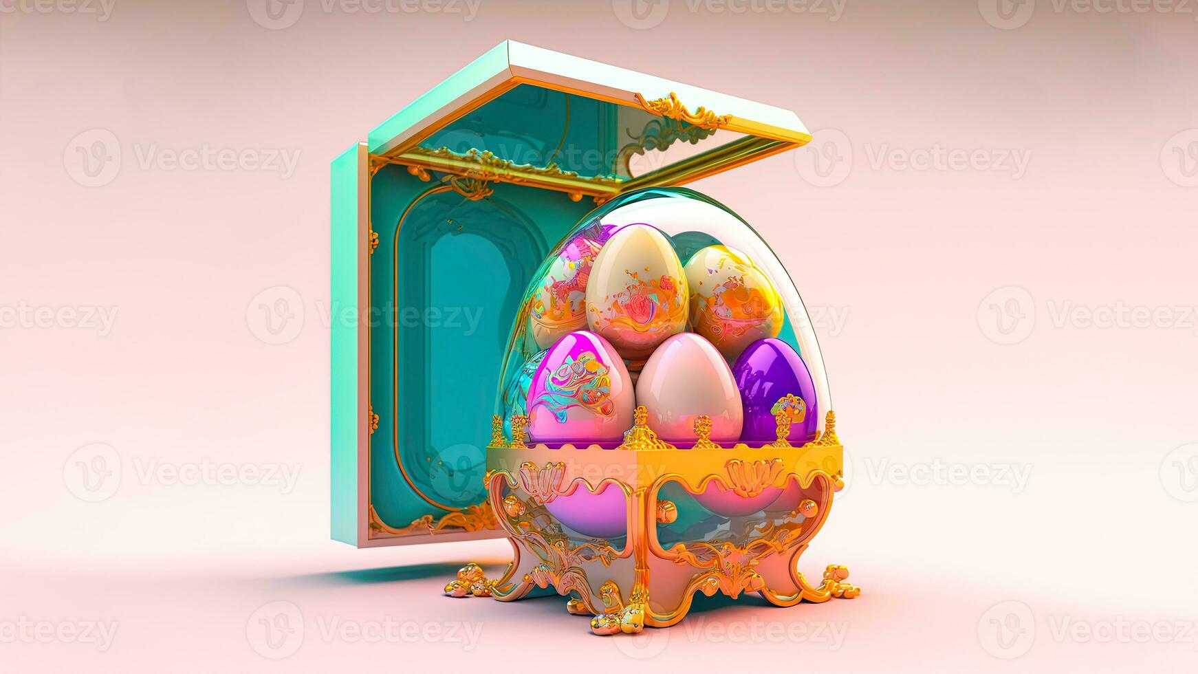 3D Render of Colorful Floral Eggs Inside Glassware, Open Box On Pastel Pink Background And Copy Space. photo