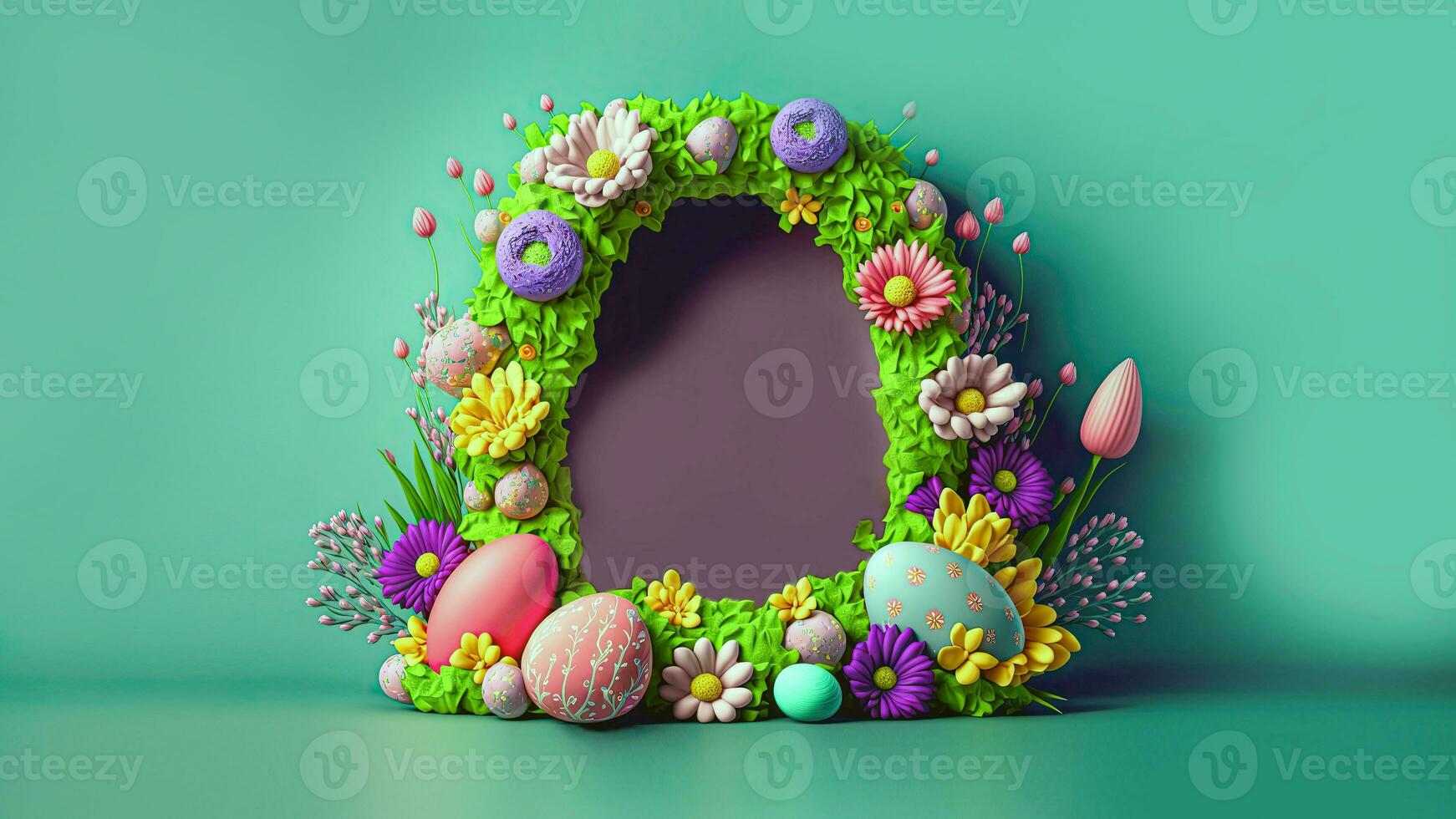 3D Render of Colorful Flowers And Eggs Decorated Oval Arch Against Green Background And Copy Space. photo