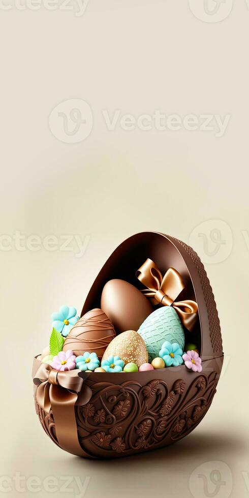 3D Render of Colorful Egg Shapes With Flowers Inside Open Box With Brown Silk Ribbon Against Cosmic Latte Background And Copy Space. Happy Easter Day Concept. photo