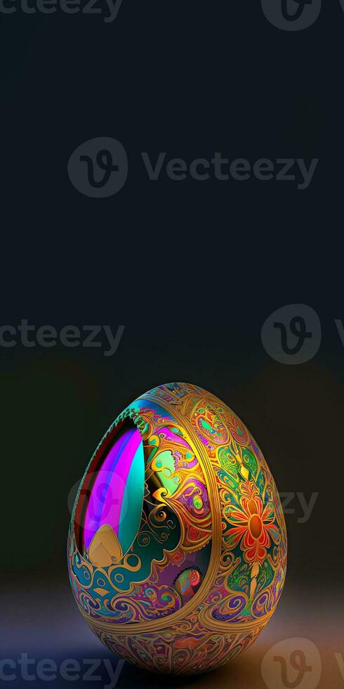 3D Render of Shiny Colorful Floral Egg Against Dark Background And Copy Space. Easter Concept. photo