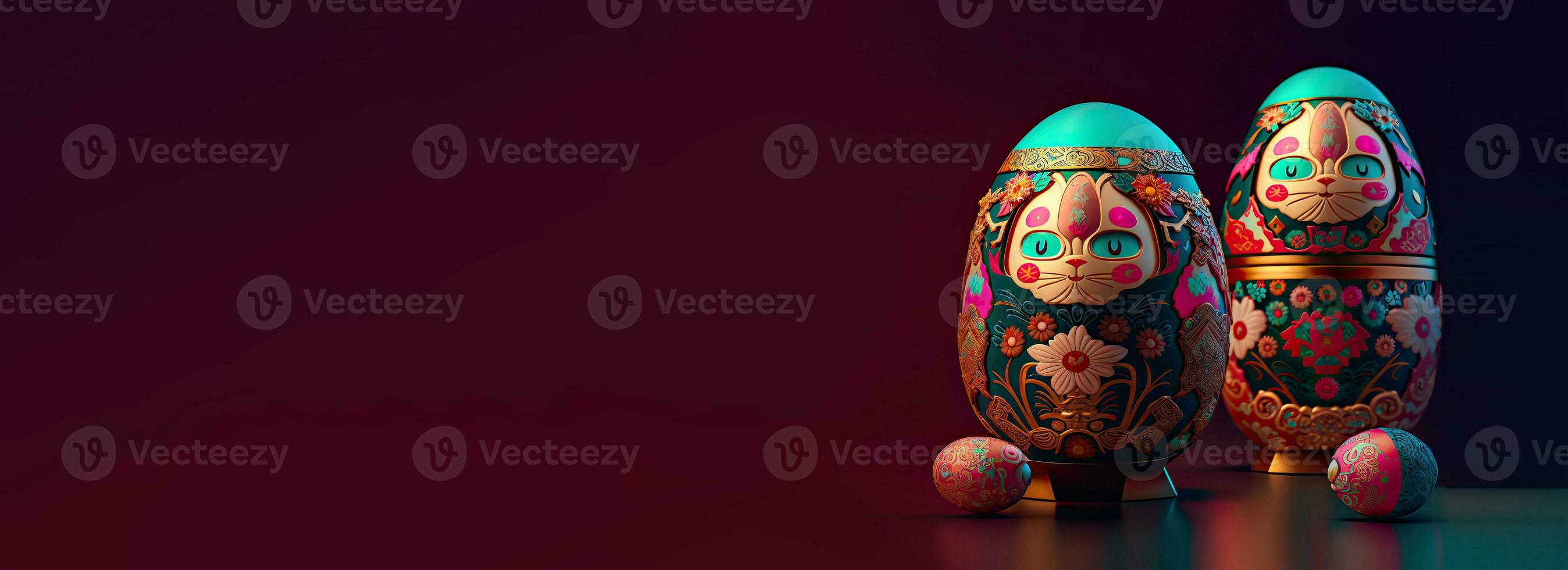 3D Render of Matryoshka Dolls Against Reflection Dark Background And Copy Space. Easter Concept. photo