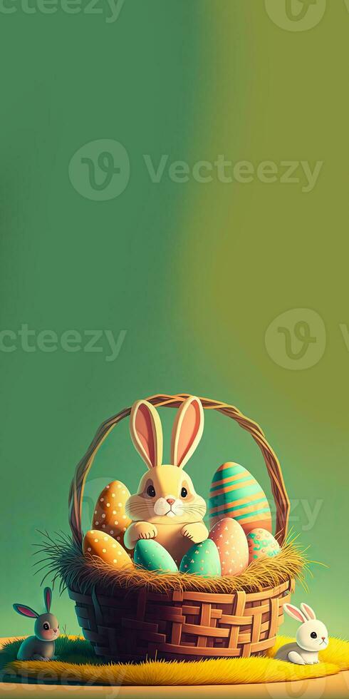 3D Render of Cute Baby Rabbits Or Bunnies Characters With Printed Eggs Basket On Grass And Copy Space. Happy Easter Day Background. photo