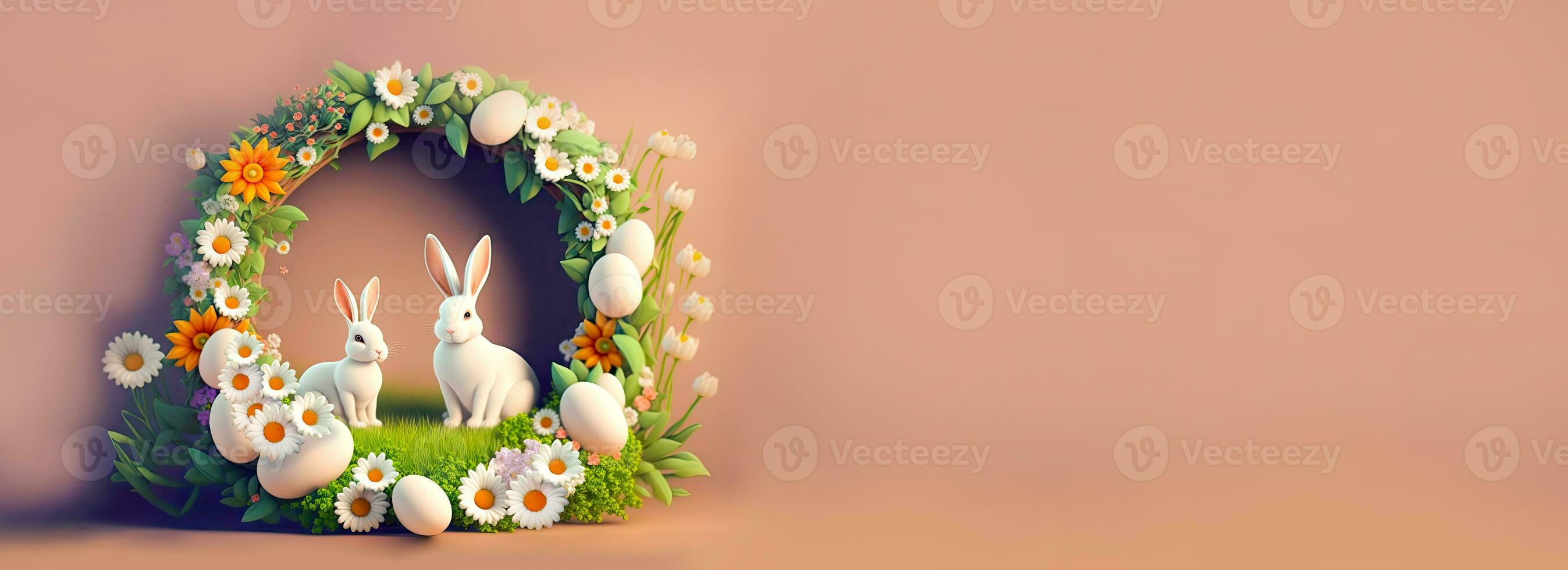 3D Render Of Couple Bunny Character With Daisy Flower, Egg Decorative Circular Arch Against Pastel Brown Background And Copy Space. photo