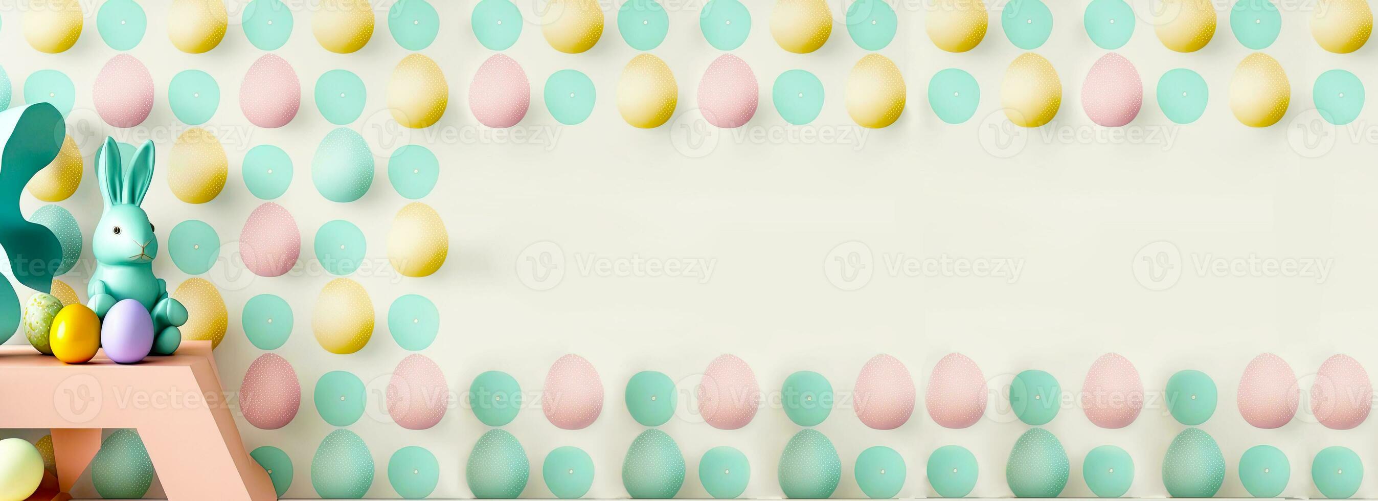 3D Render of Cute Rabbit Character Sitting On Podium Against Colorful Easter Eggs Pattern Background And Copy Space. Easter Day Concept. photo