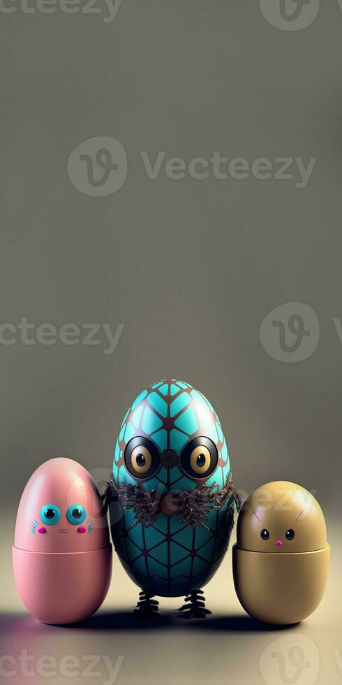 3D Render Of Scary Robotic Egg Characters Against Pastel Brown Background And Copy Space. photo