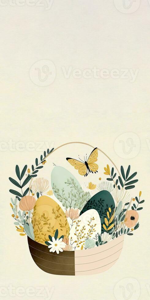 Flat Style Floral Easter Egg Basket With Butterfly Character Against Wooden Texture Background And Copy Space.  Happy Easter Concept. photo