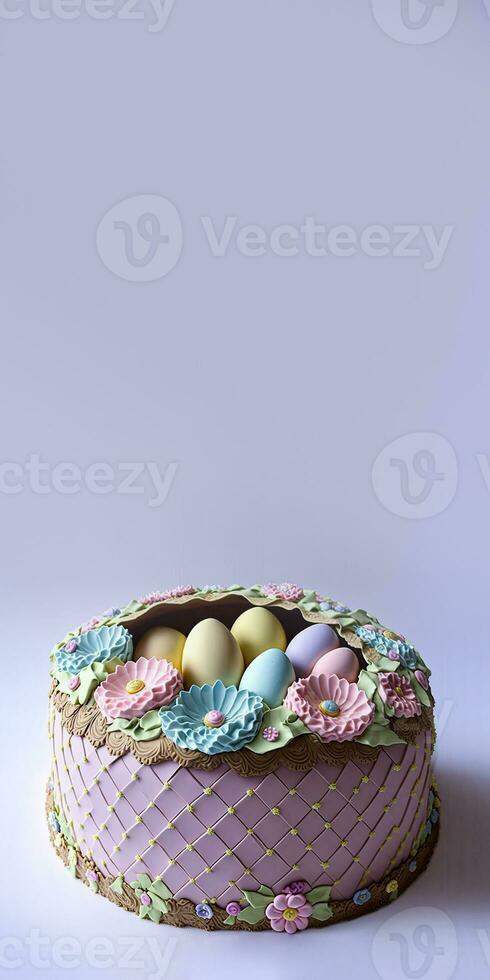 3d hacer de pastel color huevo y flores decorativo pastel en contra púrpura antecedentes y Copiar espacio. contento Pascua de Resurrección concepto. foto