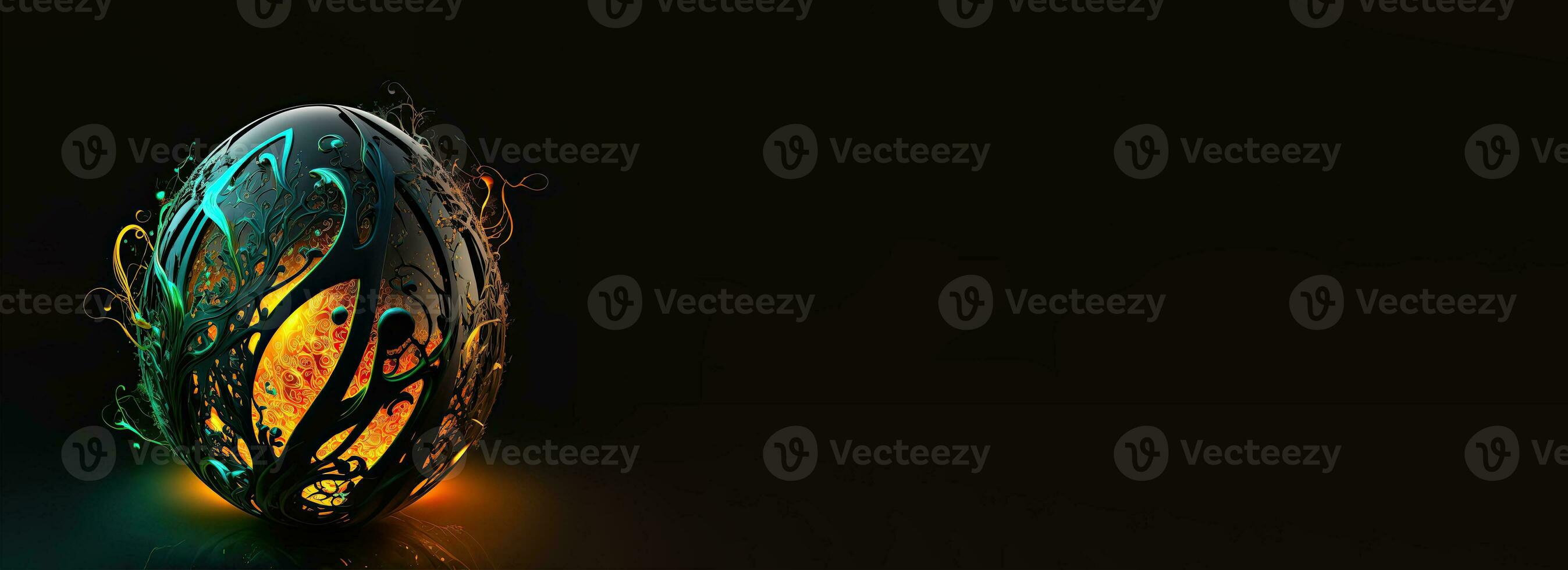 3D Render of Lit Floral Egg Against Dark Background And Copy Space. Easter Concept. photo
