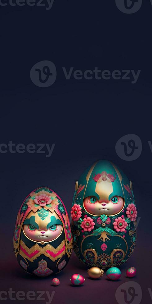 3D Render of Matryoshka Dolls On Purple Background And Copy Space. Easter Concept. photo