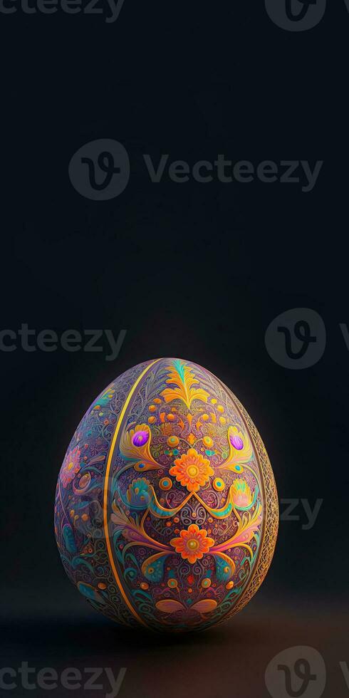 3D Render of Ethnic Floral Egg On Dark Background And Copy Space. Happy Easter Concept. photo