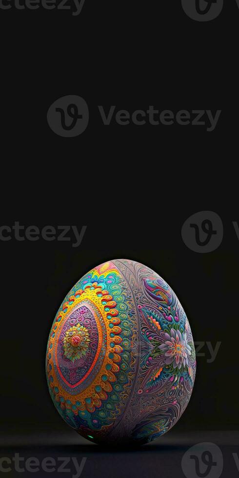 3D Render of Colorful Floral Egg Against Black Background And Copy Space. Happy Easter Concept. photo